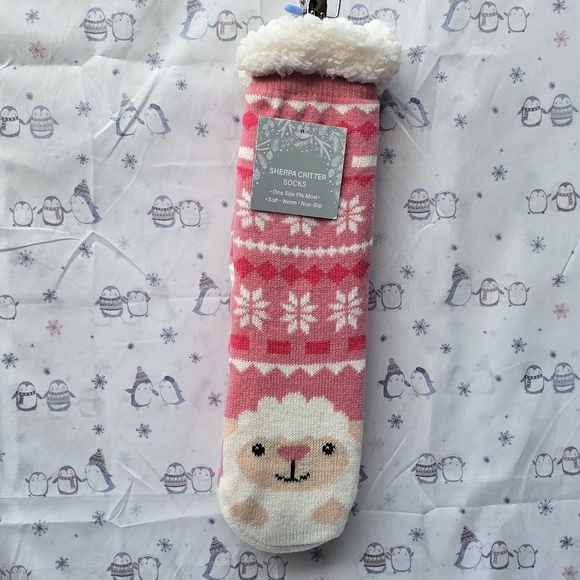 Cute Sheep With Snow. Sherpa Lined Socks. - Picture 2 of 5